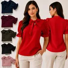 Blusa feminina social Moda Evangélica Gola Laço Manga Bufante Tecido Dunas que não amassa