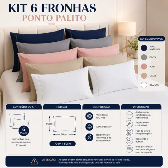 Kit 6 Fronhas 400 Fios Capa Para Travesseiro Avulsas Detalhe Ponto Palito Micropercal Luxo Macias Premium