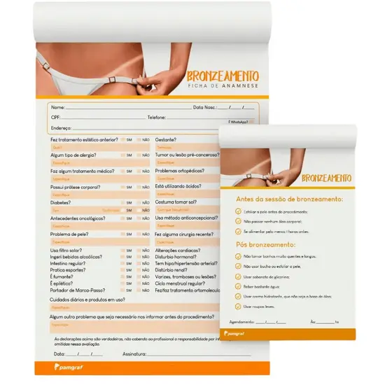 1 Kit Ficha Anamnese de Bronzeamento + Bloco Cuidados com 100 Fls - 14,8x21cm