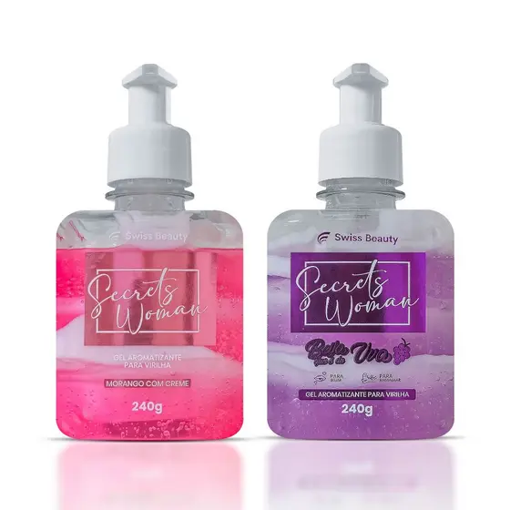 Kit 2 Gel Aromatizante Íntimo Beijável 240g 1 de Sabor Morango e 1 de Sabor Uva Cuidado Vaginal Swiss Beauty Belkit
