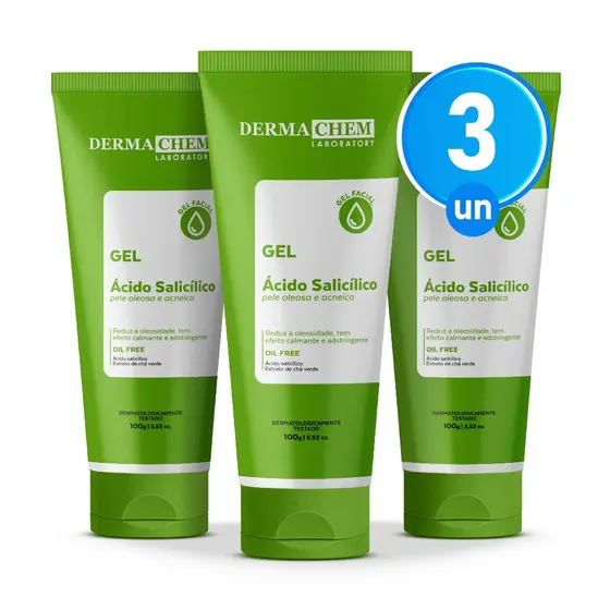 Kit 3 Gel Facial Antioleosidade Ácido Salicílico 100g Dermachem