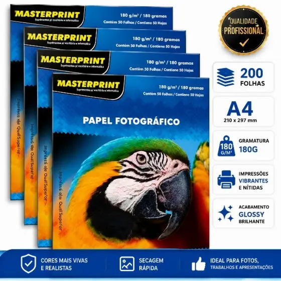Papel Fotográfico A4 Glossy 180g Masterprint Prova D'água - Kit 50, 100 e 200 Folhas