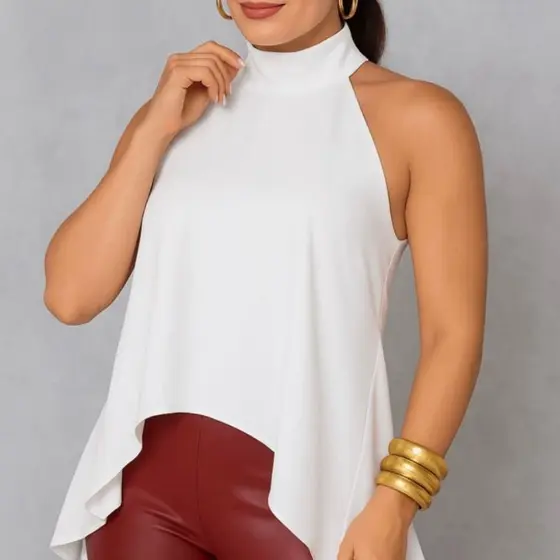 Blusa Bata Frente Única Assimétrica Amarração no pescoço