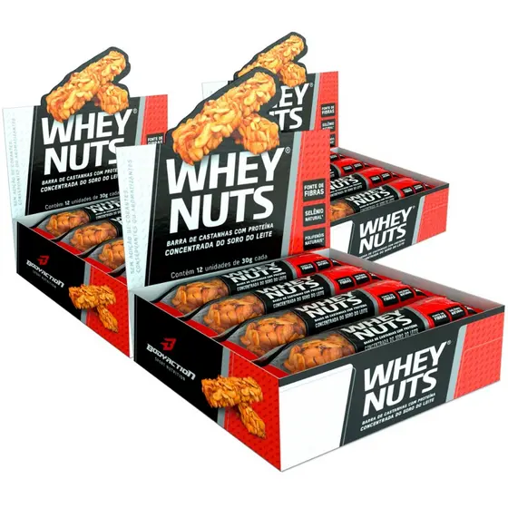 Kit 3x Displays Barra de Proteína Whey Nuts Total 36 Unidades Bodyaction
