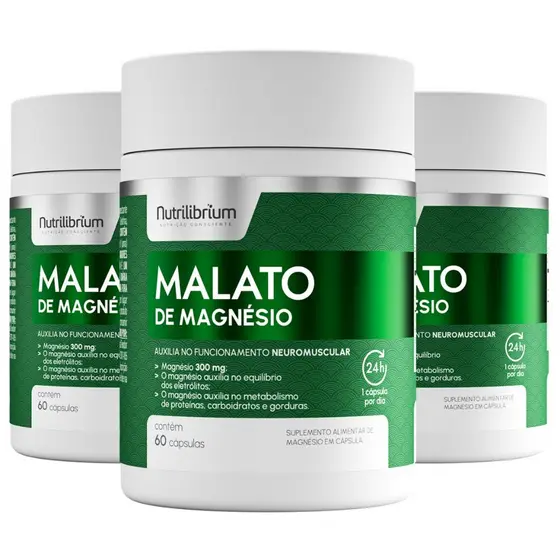 Kit 3x Magnésio Malato Total 180 Cápsulas 300mg Nutrilibrium