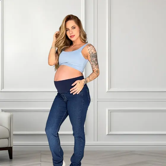 Calça Jeans Gestante Suplex Lycra Bolso Cós Alto Maternidade Enxoval