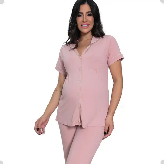 Pijama Longo Gestante Amamentação Fácil Prática Maternidade Cós Elástico