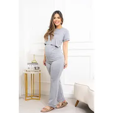 Pijama Gestante Amamentação Manga Curta Malha Pós-Parto Lactante Maternidade