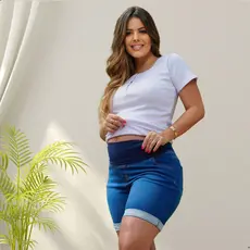 Bermuda Jeans Premium Gestante Apoio Barriga Cós Elástico Maternidade Enxoval