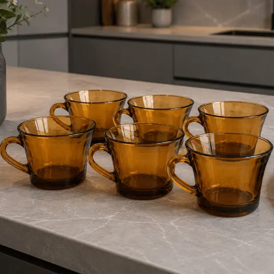 Jogo de Xicara 6 Peças 200ml SINO AMBAR Escura Marrom Vidro Chá Café Conjunto Xicaras Louças Retro