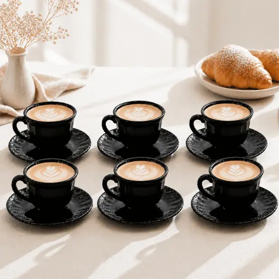 Jogo de Xicara 12 Peças Preto EM VIDRO TRABALHADO PRETO Chá Café Louça Moderno