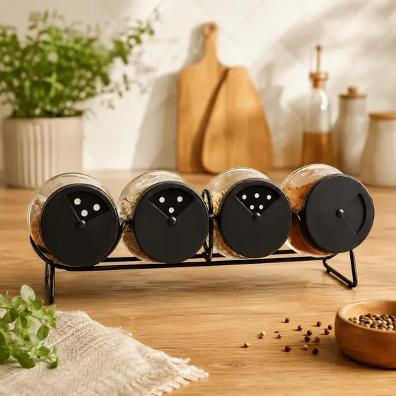 Kit 4 Porta Temperos Horizontal COM SUPORTE PRETO 100ml Bancada Cozinha Organizador Temperos Vidro