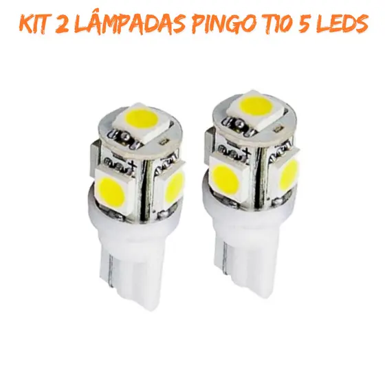 Kit 2 Lâmpadas Pingo T10 5 Leds Xenon Super Branca para placa, teto, painel, farolete