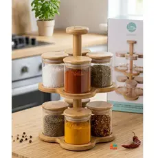 Porta Temperos 6 ou 8 Potes Vidro Borossilicato e Suporte Bambu