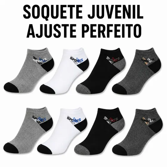 Meia Soquete Juvenil Masculina Cano Curto Kit 3, 6, 9, 12 Pares Escolar Confortável 31 ao 35