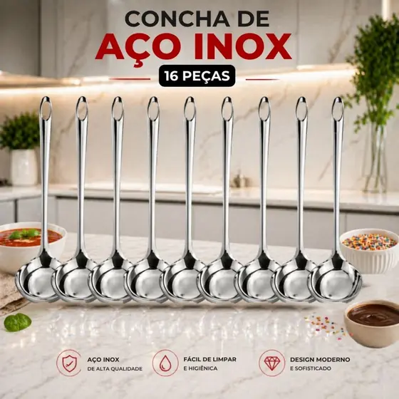 Kit 16 Peças Mini Concha em Aço Inox Molho Farofa Caldas Sorveteria Sobremesas 16 Cm