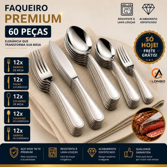 Jogo 60 e 30 Talheres de Mesa em Aço Inox Garfos Facas Colheres Colheres Sobremesa Garfos Sobremesa