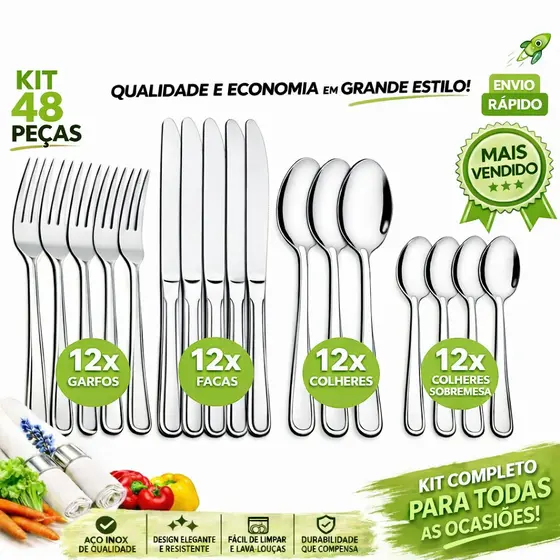 Kit Talheres 48 ou 24 Peças Faqueiro Aço Inox 12 Garfos 12 Colheres 12 Facas 12 Colheres Sobremesa
