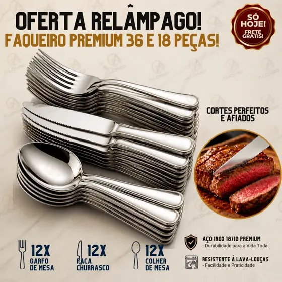Kit 36 e 18 Peças Talher em Aço Inox Garfo Colher Faca Linha Profissional Casa Cozinha