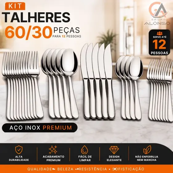 Jogo 60 e 30 Talher de Mesa em Aço Inox Garfos Facas Colheres Colheres Sobremesa Garfos Sobremesa