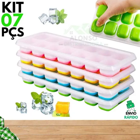 Kit 7 Peças Forma De Gelo com e Sem Tampa Fundo Retangular 14 Cubos em Silicone Livre de BPA