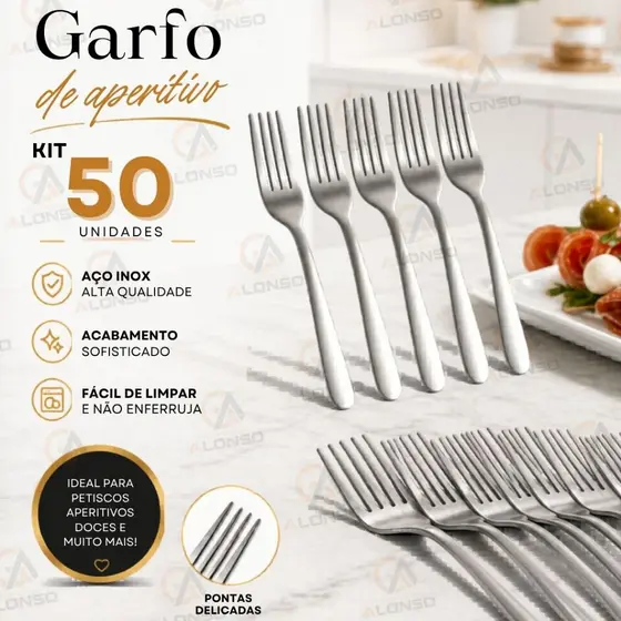 Jogo 50/25 Mini Garfo de Petisco e Aperitivo em Aço Inox Frutas Queijos Salgados