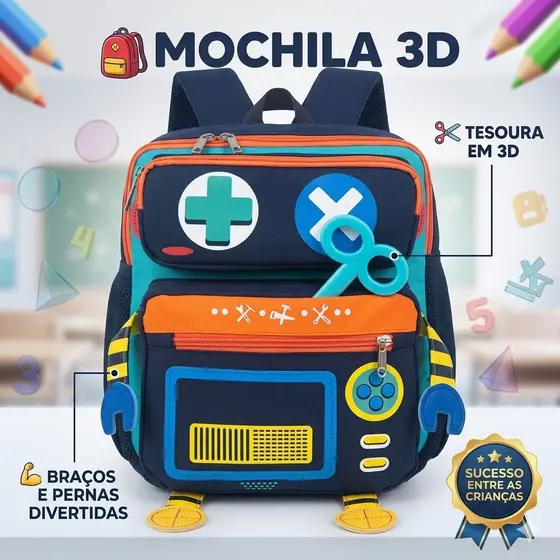 Mochila Infantil Escolar 3D Creche Menino Menina Com Braços E Pernas 28cm