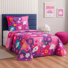 Kit Colcha Solteiro Infantil Menina e Menino 1,60x2,40 Cobre Leito Dupla Face Estampas Delicadas