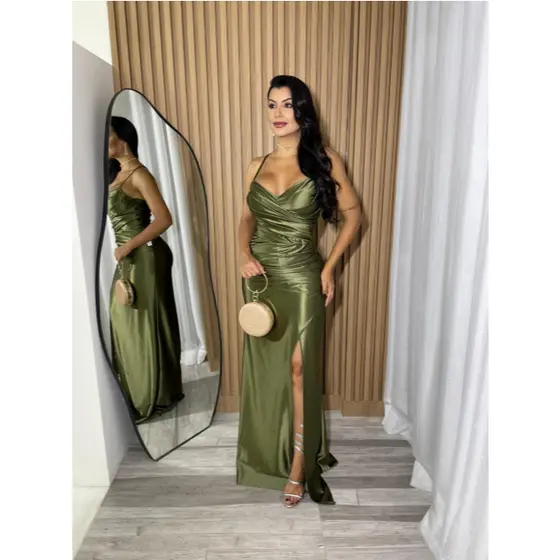 Vestido Longo de Festa Madrinhas Alcinha Sereia Acetinado com Fenda Leila