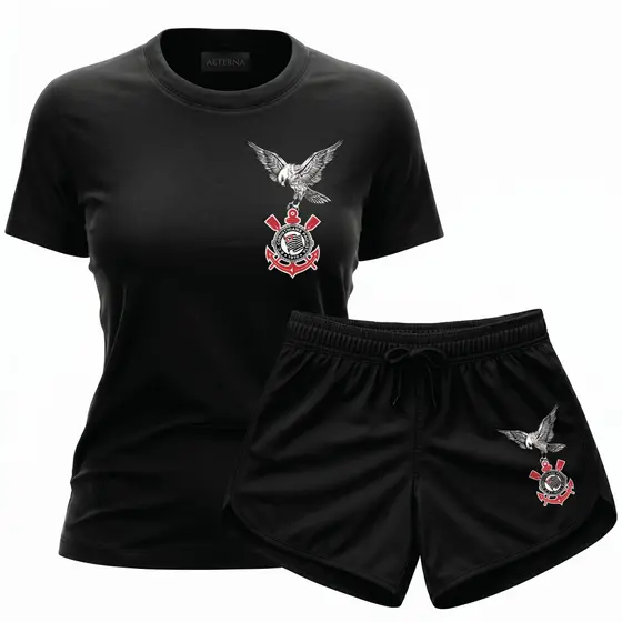 Conjunto Feminino Camisa e Shorts Gaviões Corinthians Timão Fiel SCCP Conjunto Preto e Branco