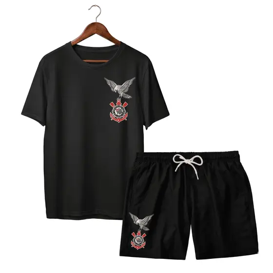 Kit Masculino Camisa e Shorts Gavião Corinthians Timão Fiel SCCP Conjunto Preto e Branco