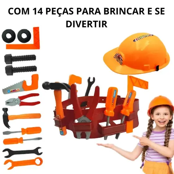 Kit Jogo De Ferramentas Infantil Cinto Construtor + Capacete Brinquedo Educativo 14 peças
