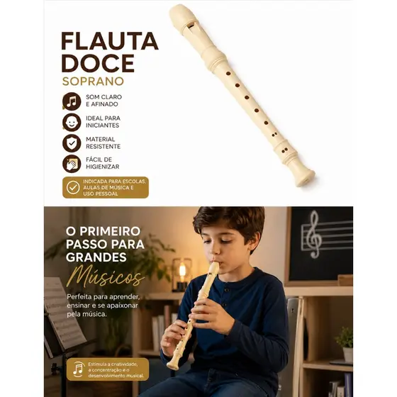 Flauta Doce Resina Soprano Modelo Germanica Estudo Com Vareta De Limpeza
