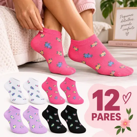 Kit Com 12 Pares Meias Soquete Feminina Sortidas Coloridas Adulto Cano Curto Uso Diário Esportivo Ou Trabalho 34 a 40