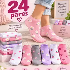 Meias Feminina Adulto Cano Curto Soquete Kit 24 Pares Cores sortidas Uso Diário Esportivo Ou Trabalho 35 a 40