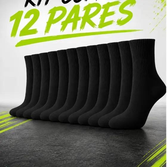 Kit Com 12 Pares De Meias Preta Masculina Cano Longo Esporte Preta Confortável Macia Algodão Caminhada Trabalho 38 ao 44
