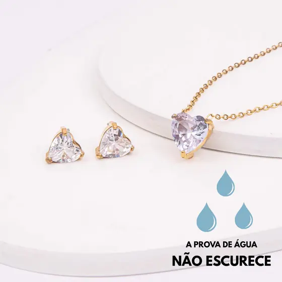 Conjunto Feminino Colar Brinco Coração Dourado Aço Inoxidável Banhado Luxo Qualidade Presente