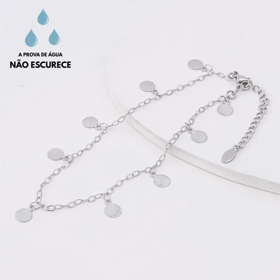 Tornozeleira Medalhas Brilho Aço Inoxidável Prata Feminina Antialérgica Delicada Luxo Joia Moda