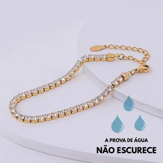 Pulseira Dourada Riviera Branca Aço Inoxidável Feminino Pedras Luxo Joia Casual Elegante Moda