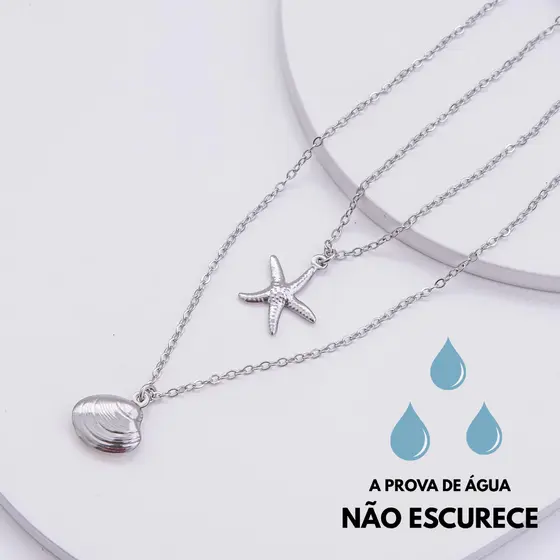 Colar Duplo Estrela Do Mar Concha Aço Inoxidável Feminino Minimalista Joia Casual Elegante