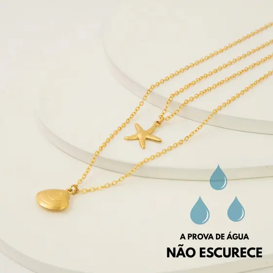 Colar Dourado Duplo Estrela Do Mar Concha Aço Inoxidável Feminino Minimalista Joia Elegante