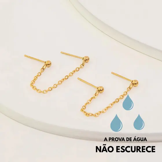 Brinco Dourado Bolinha Dupla Corrente Aço Inoxidável Feminino Antialérgico Luxo Delicado Moda Joia