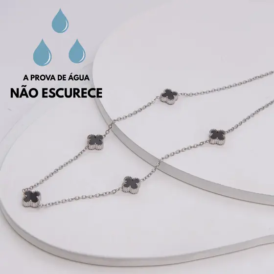 Colar Feminino Mini Trevo Black Aco Inoxidavel Antialergico Nao Escurece Luxo Tendencia Corrente