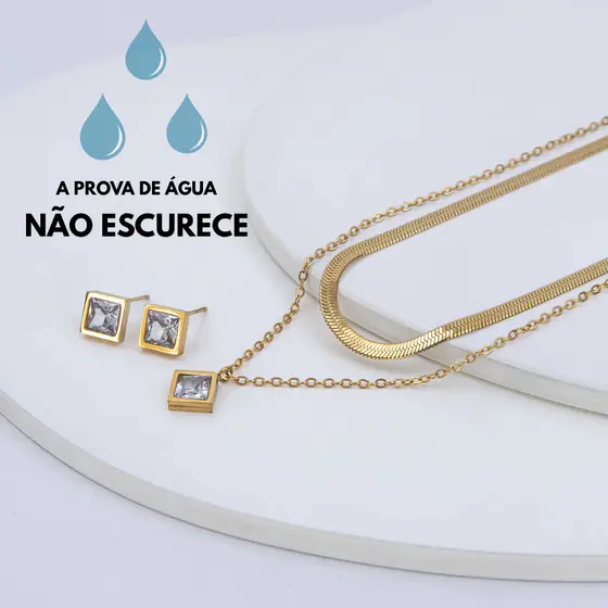 Kit Colar Brinco Zircônia Quadrada Dourado Aço Inoxidável Feminino Minimalista Joia Elegante