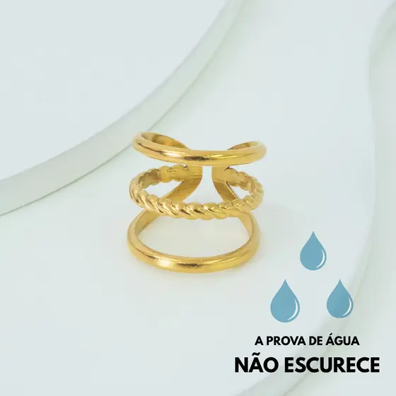 Anel Dourado Regulável Triplo Trançado Aço Inoxidável Feminino Minimalista Joia Antialérgica