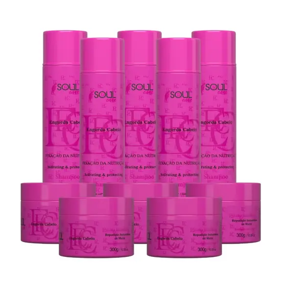 Kit 10 Engorda Cabelo Soul Care Profissional | 5 Shampoos + 5 Máscaras | Revenda Atacado