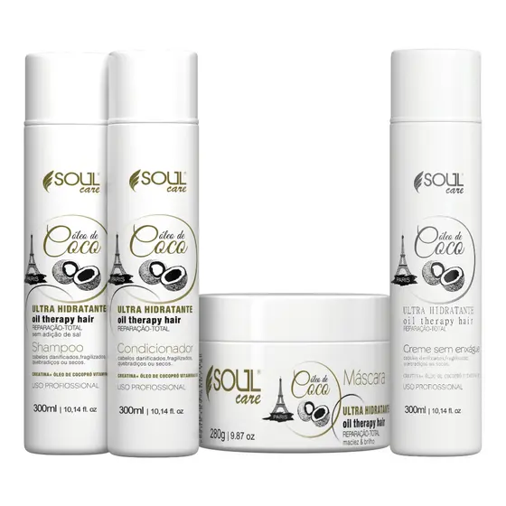Kit Hidratação Profunda Soul Care | Óleo de Coco Shampoo + Condicionador + Máscara + Creme
