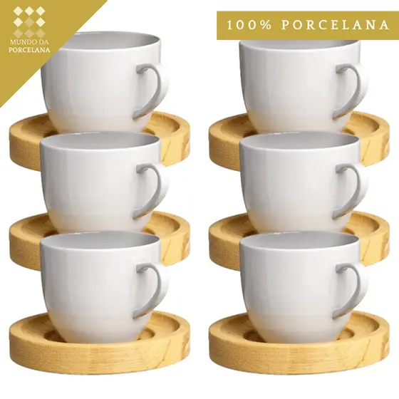 Jogo 6 Xicaras Porcelana Kit Caneca Café Chá Com Pires Madeira 12 Peças