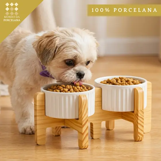 Comedouro Bebedouro Pet Elevado Duplo Porcelana 320ml Pote Ração Água
