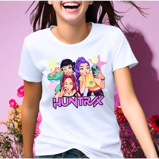 Camiseta T-Shirt Infantil, Adolescente e Adulto Blusa Algodão Estampada Guerreiras do K-Pop Saja Boys Huntrix K-pop